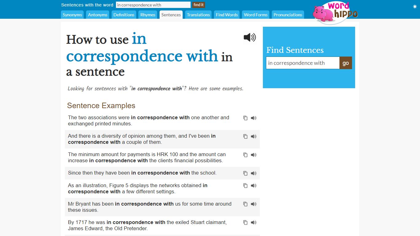 How to use "in correspondence with" in a sentence - WordHippo